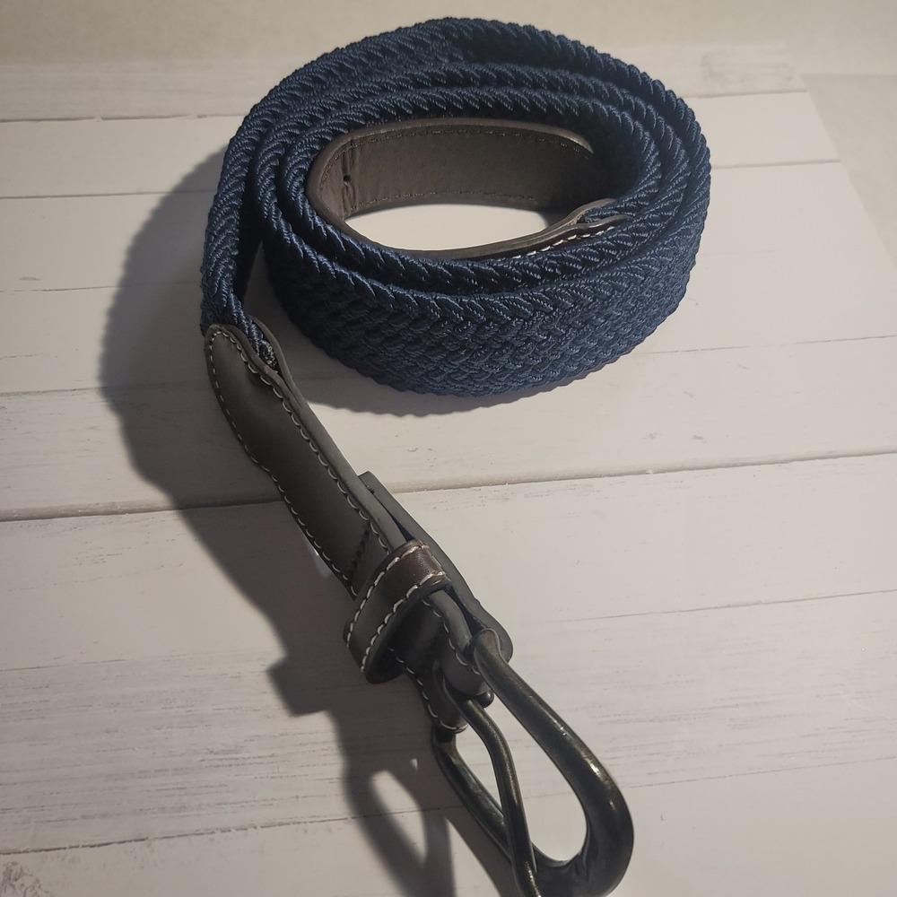 Navy‎ Blue Canvas Woven Belt Large Brown Leather Preppy Casual Business